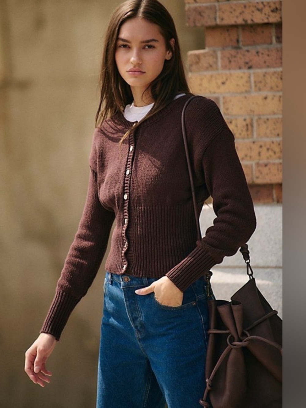 Free People Beach Hannah Fitted Waist Cotton Cardigan in chocolate brown small